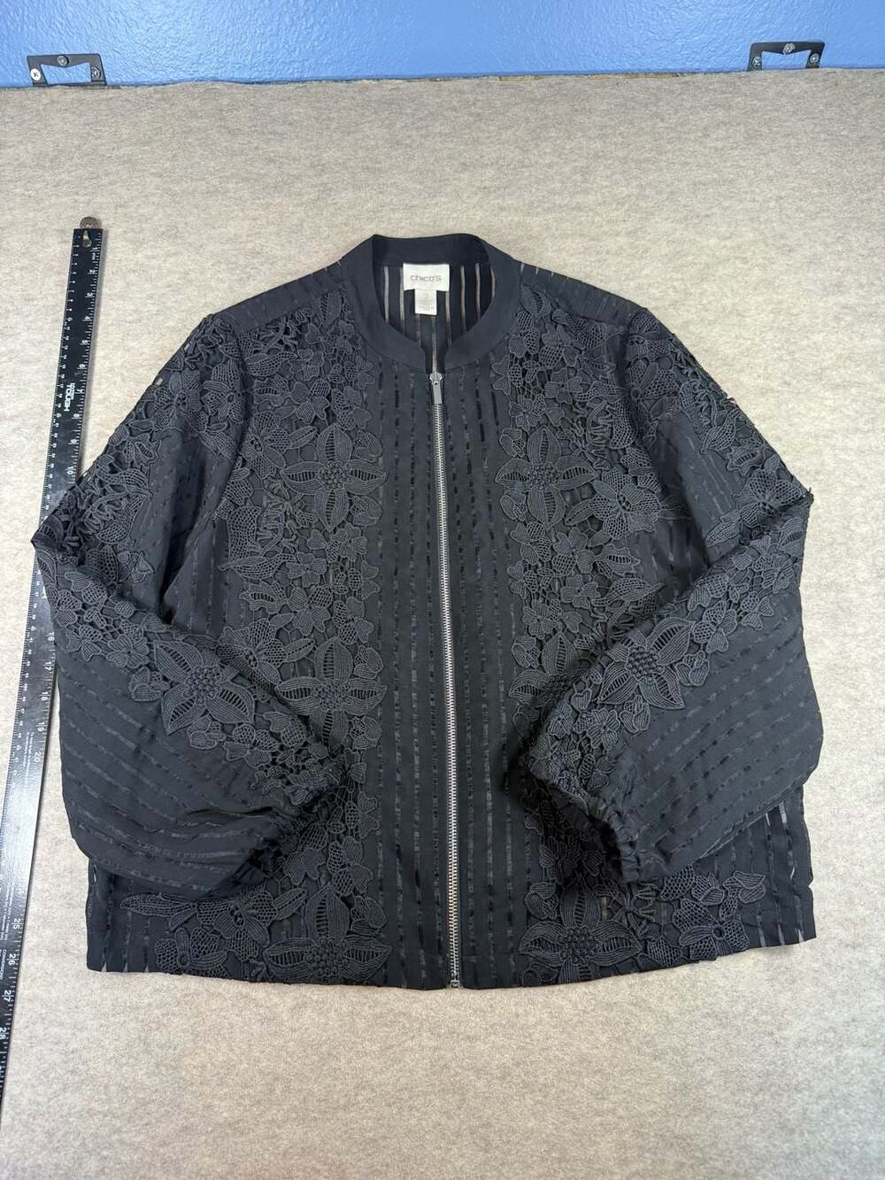 Chico’s Womens Size 2 XL Black Lace Floral Bomber Jacket Zip Front Sheer Strip